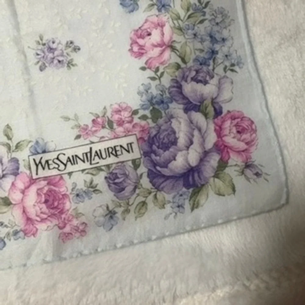 Vtg YVES SAINT LAURENT Scarf Handkerchief Floral Blue Pink Purple 18